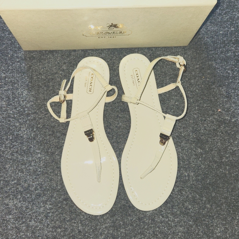Coach Women's Cream Patent Leather T-Strap Sandals